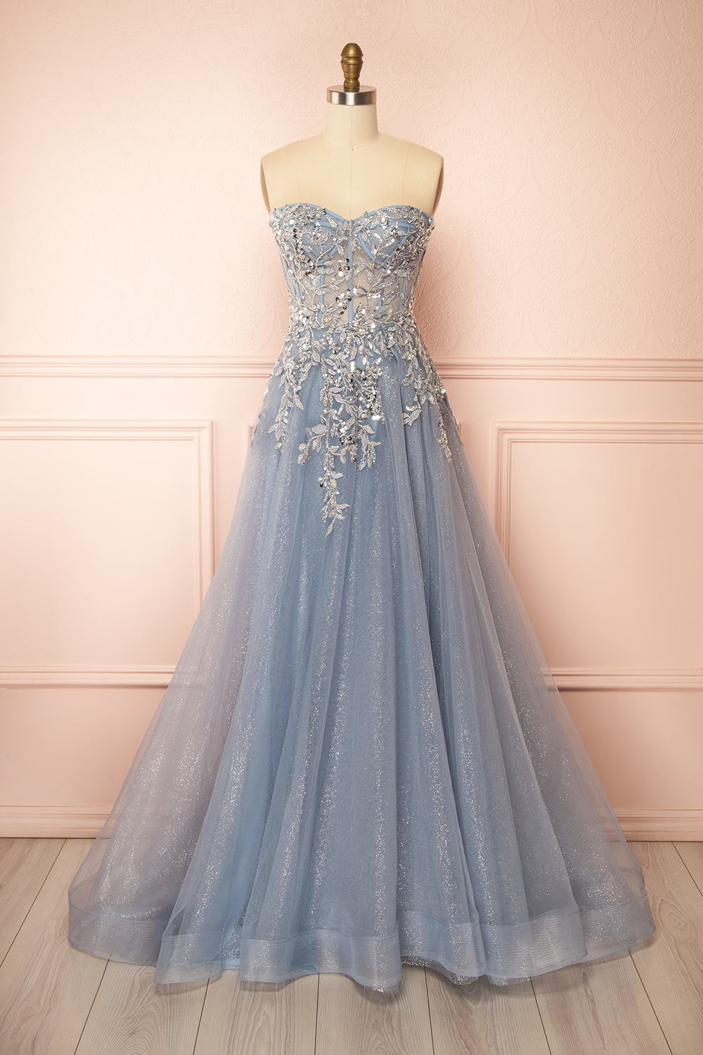 Jayden Maxi Blue Dress with Floral Beading | Boutique 1861 front view