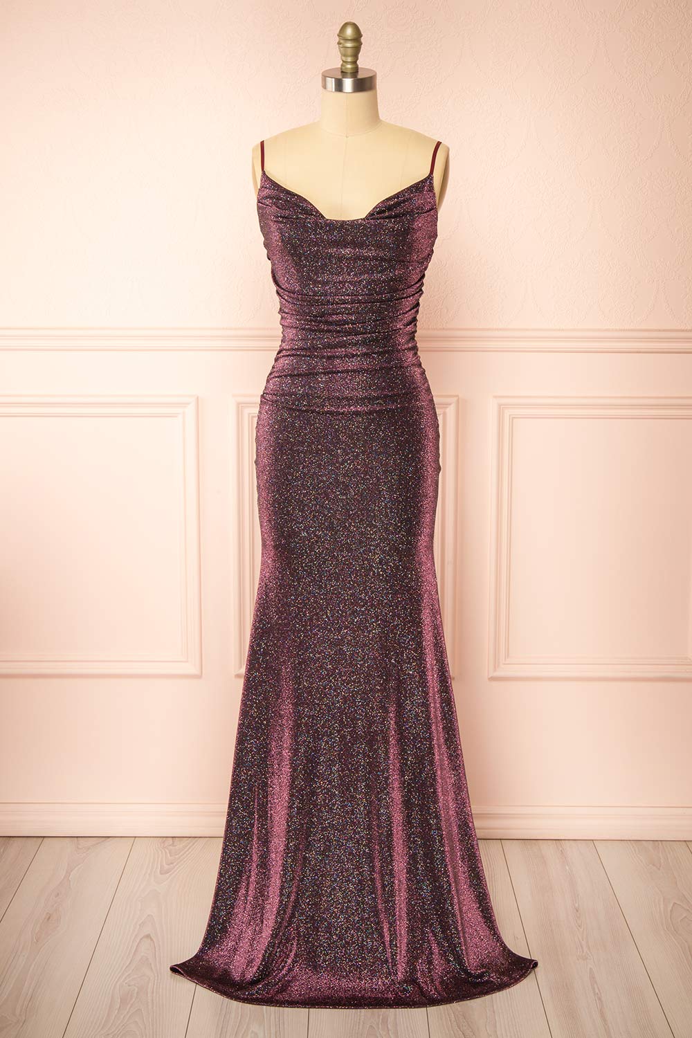 Jayna Burgundy Ruched Sparkling Mermaid Maxi Dress | Boutique 1861 front view