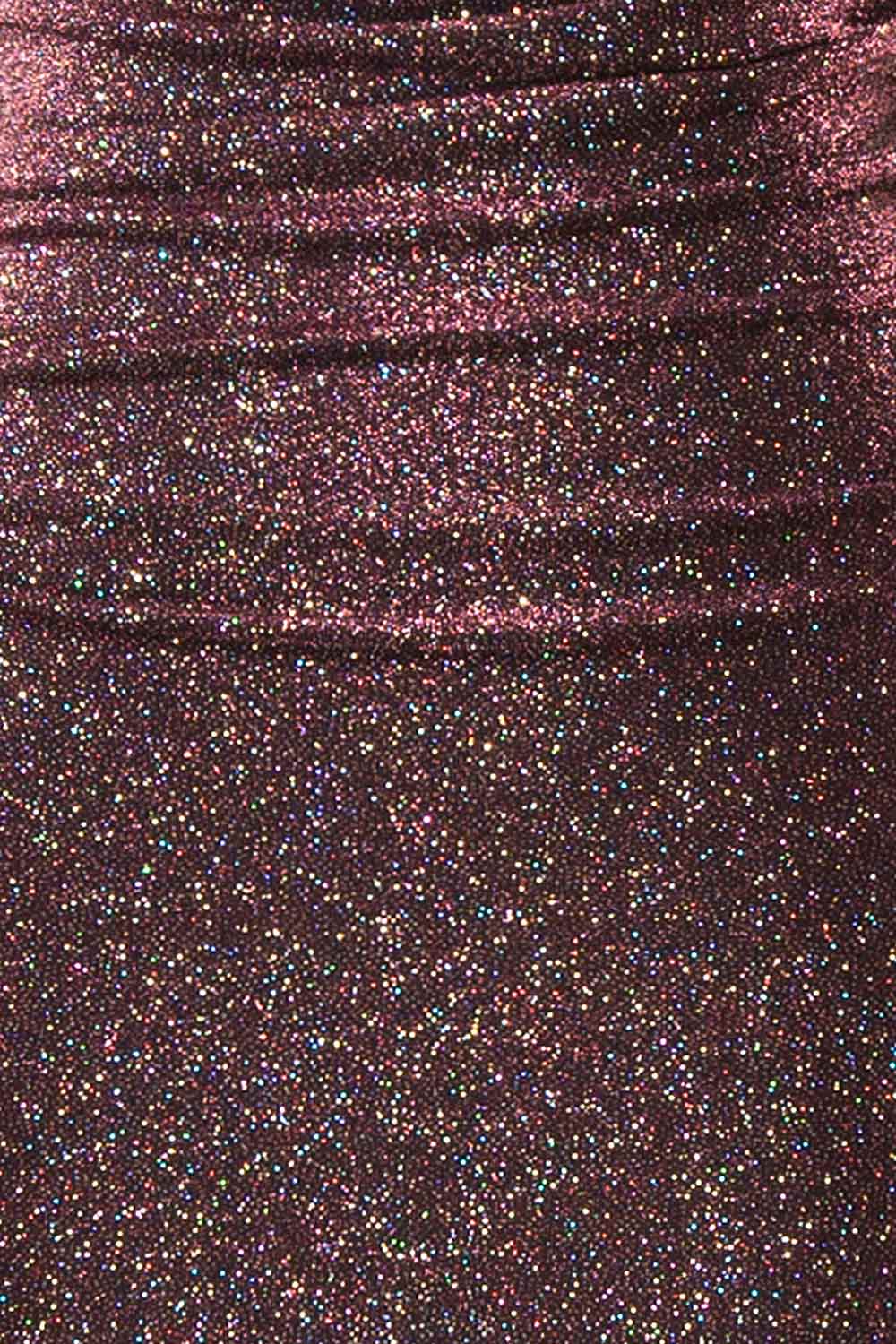 Jayna Burgundy Ruched Sparkling Mermaid Maxi Dress | Boutique 1861 fabric