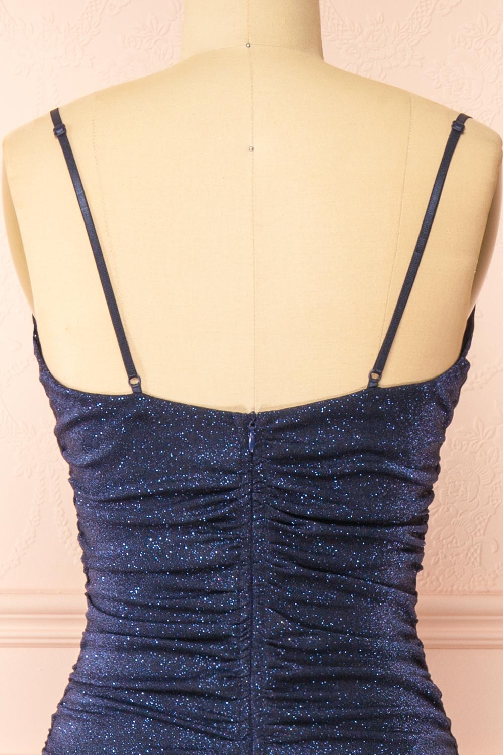 Jayna Navy Ruched Sparkling Mermaid Maxi Dress | Boutique 1861 back