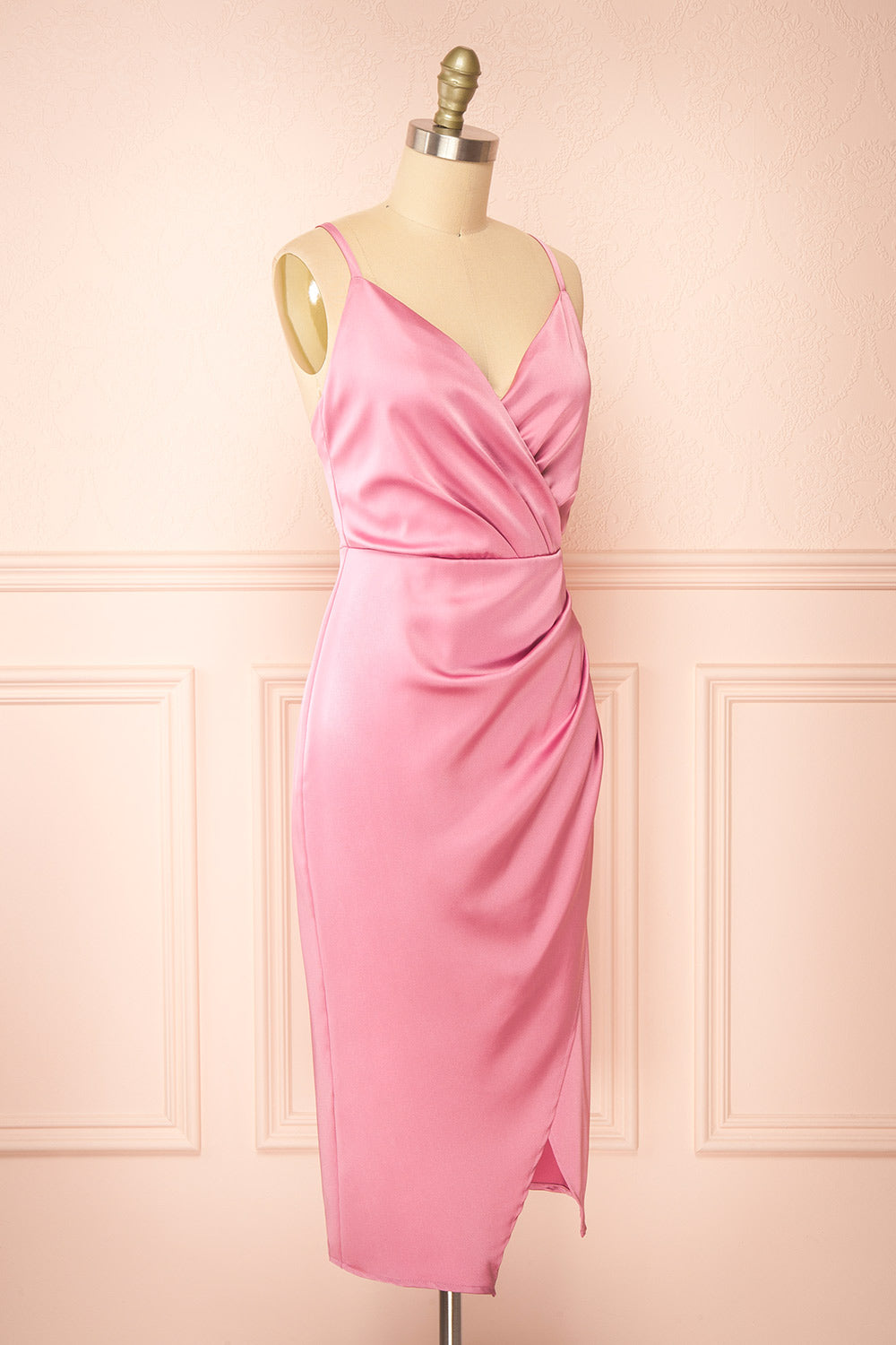 Jazebelle Pink Satin Midi Dress w/ Slit | Boutique 1861 side view