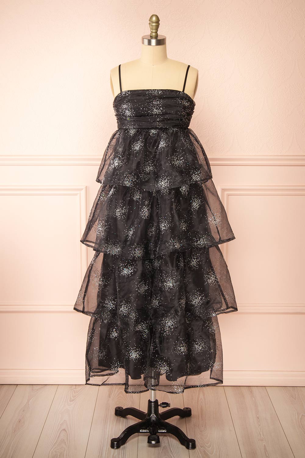 Jazila Long Black Embellished Chiffon Dress | Boutique 1861 front view