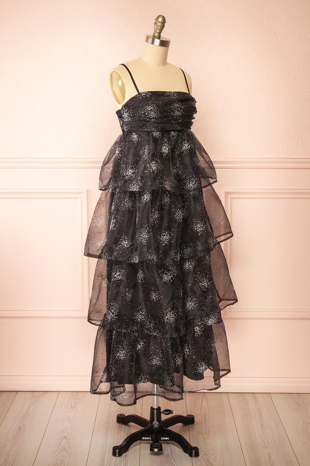 Jazila Long Black Embellished Chiffon Dress | Boutique 1861 side view