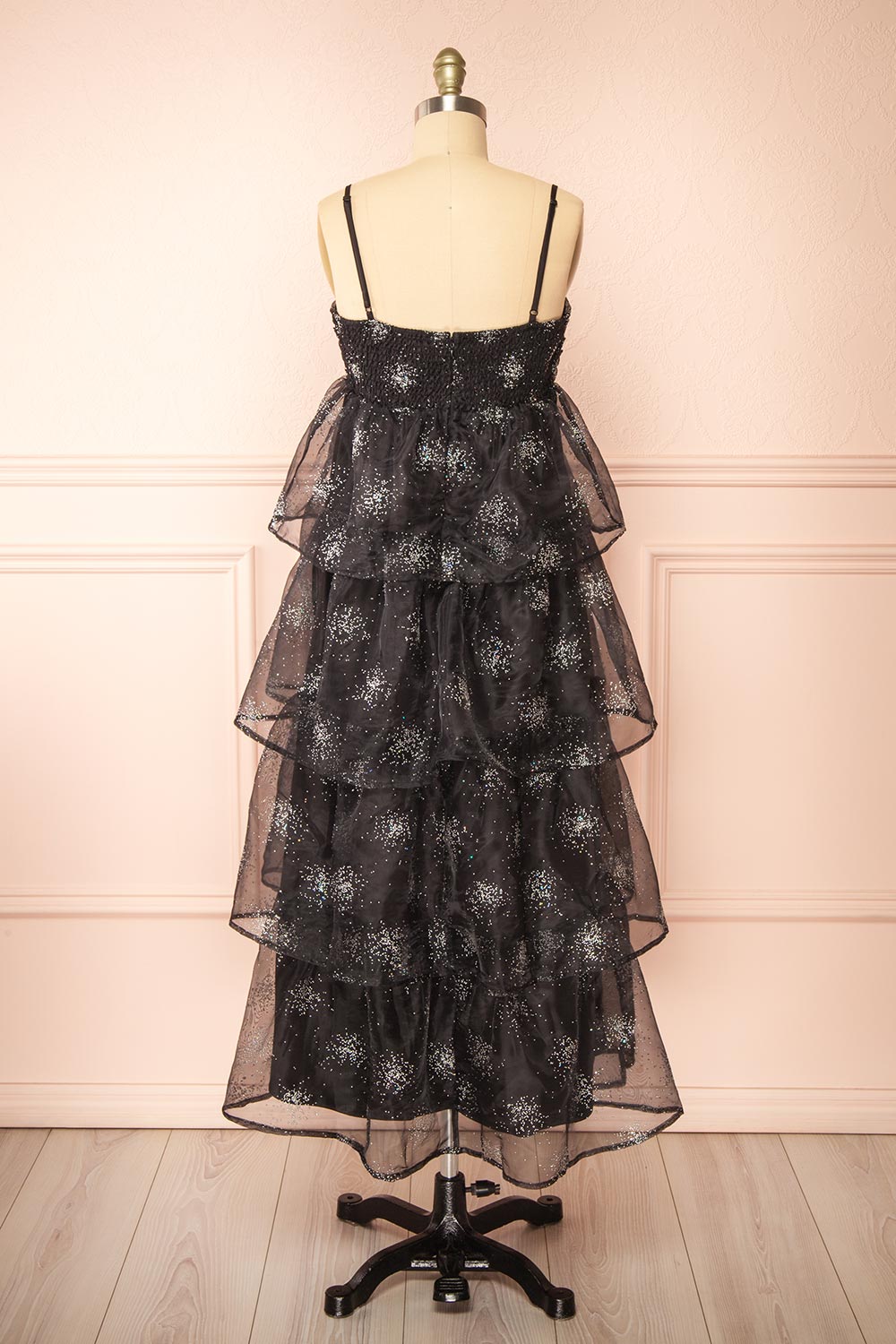 Jazila Long Black Embellished Chiffon Dress | Boutique 1861 back view