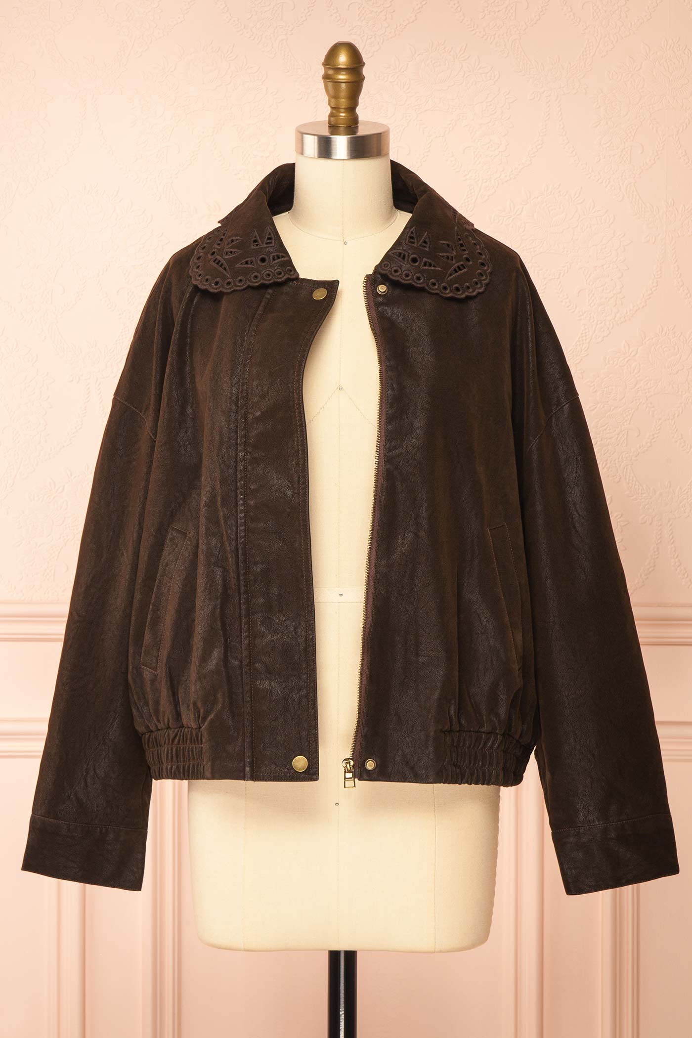 open view of Jeremia Brown Faux Leather Embroidered Collar Bomber Jacket at Boutique 1861