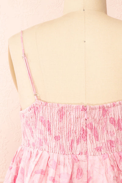 Jessamine Short Pink Babydoll Dress w/ Leaf Pattern | Boutique 1861 back close-up