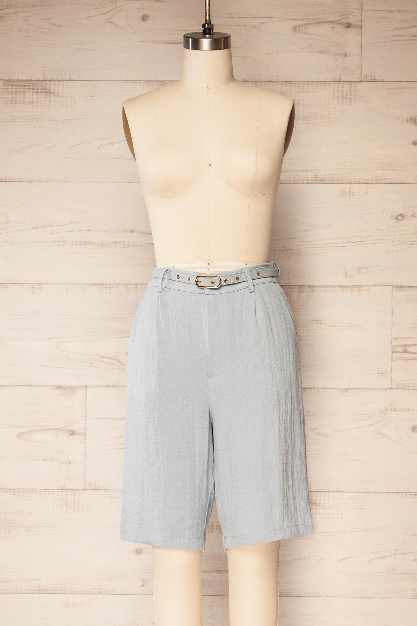 Frontview of Jharia High-Waisted Blue Shorts with Belt at la petite garçonne