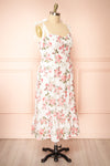 Jihoon Tie Strap White Floral Midi Dress w/ Ruffles side plus size