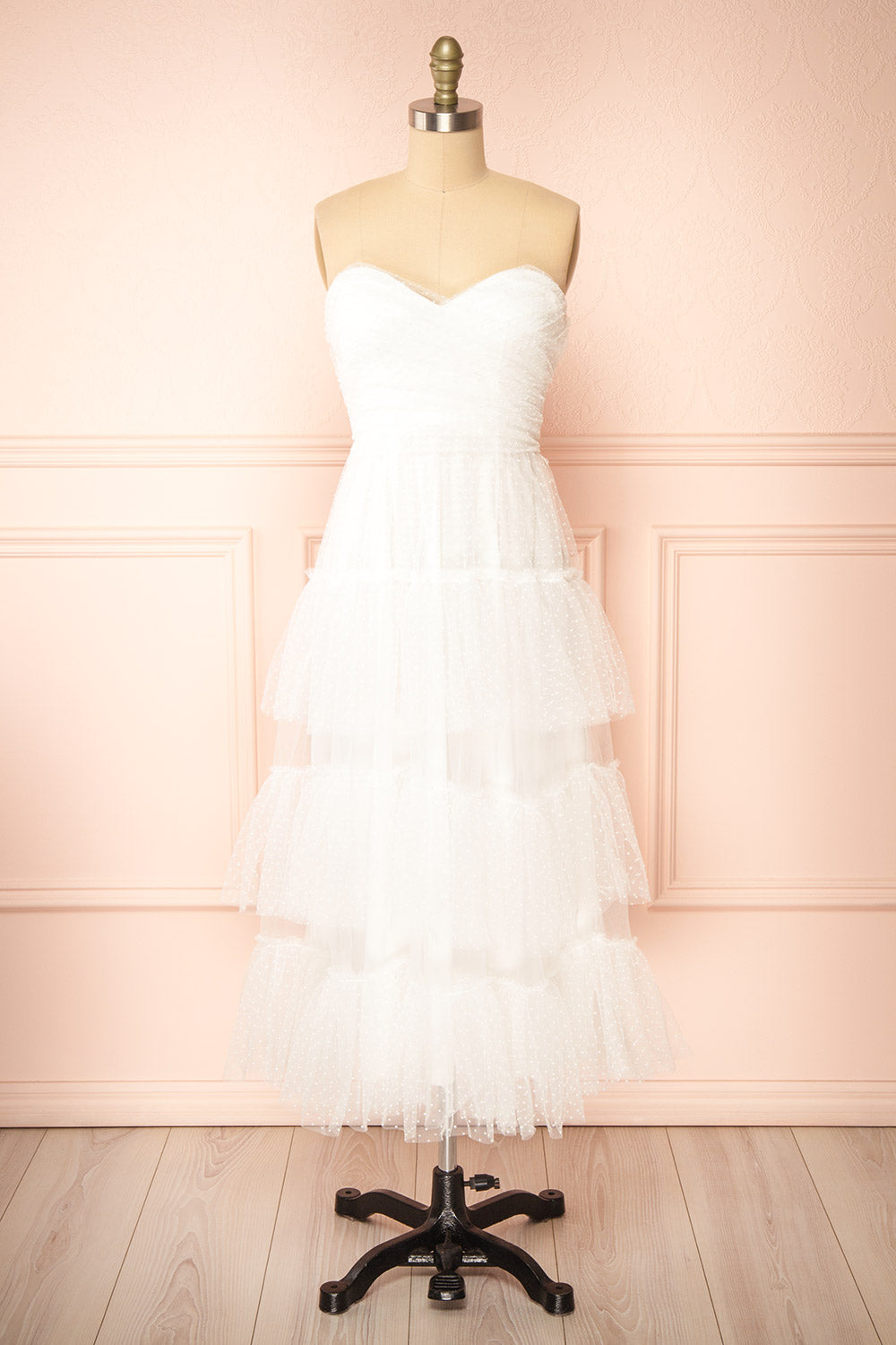 Joanna White Polka Dot Strapless Midi Dress | Boudoir 1861 front view