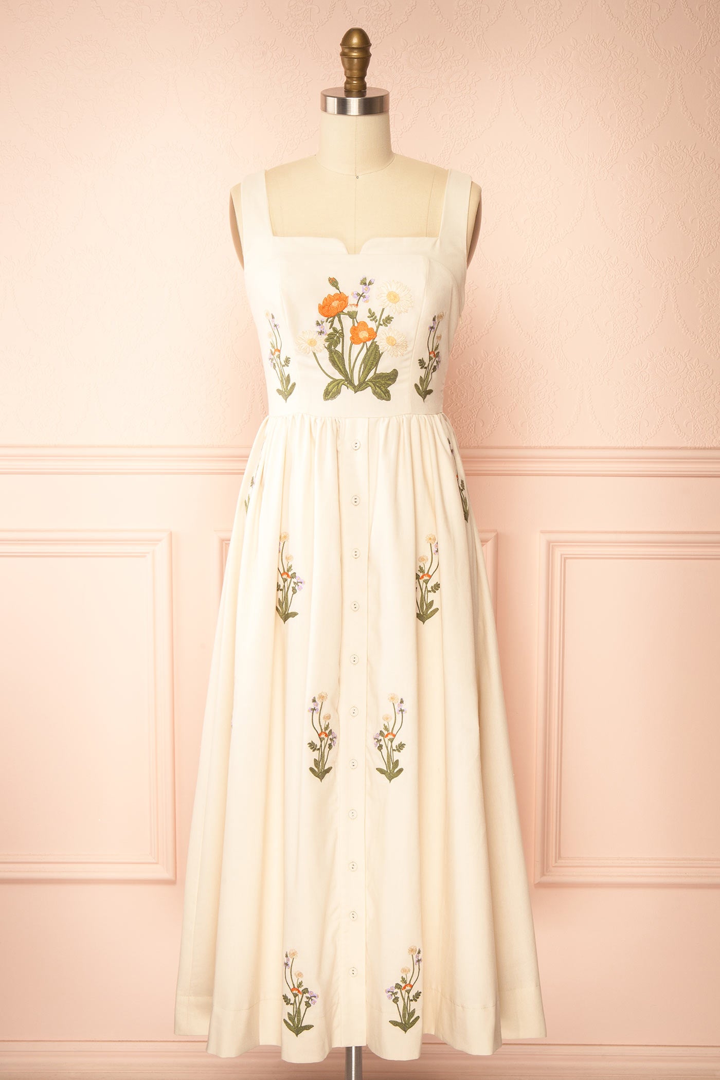 Jolienne Beige Embroidered Wildflower Notched Square-Neck Midi Dress | Boutique 1861 front