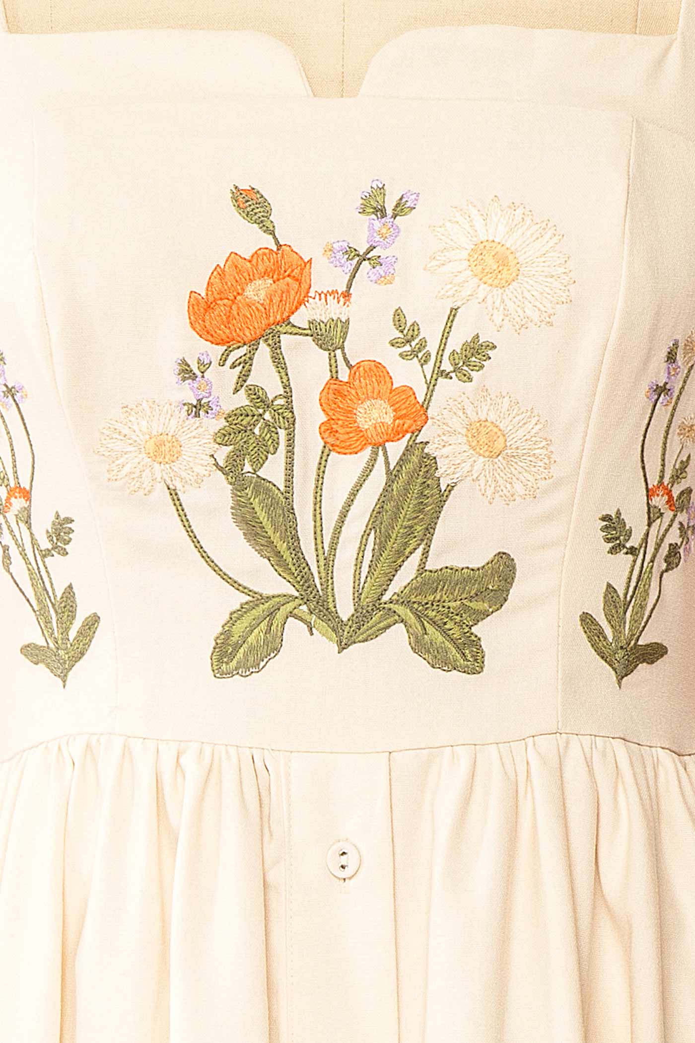 Jolienne Beige Embroidered Wildflower Notched Square-Neck Midi Dress | Boutique 1861 fabric