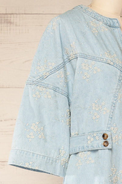 Jorah Denim Jumpsuit w/ Floral Embroidery | La petite garçonne side close-up