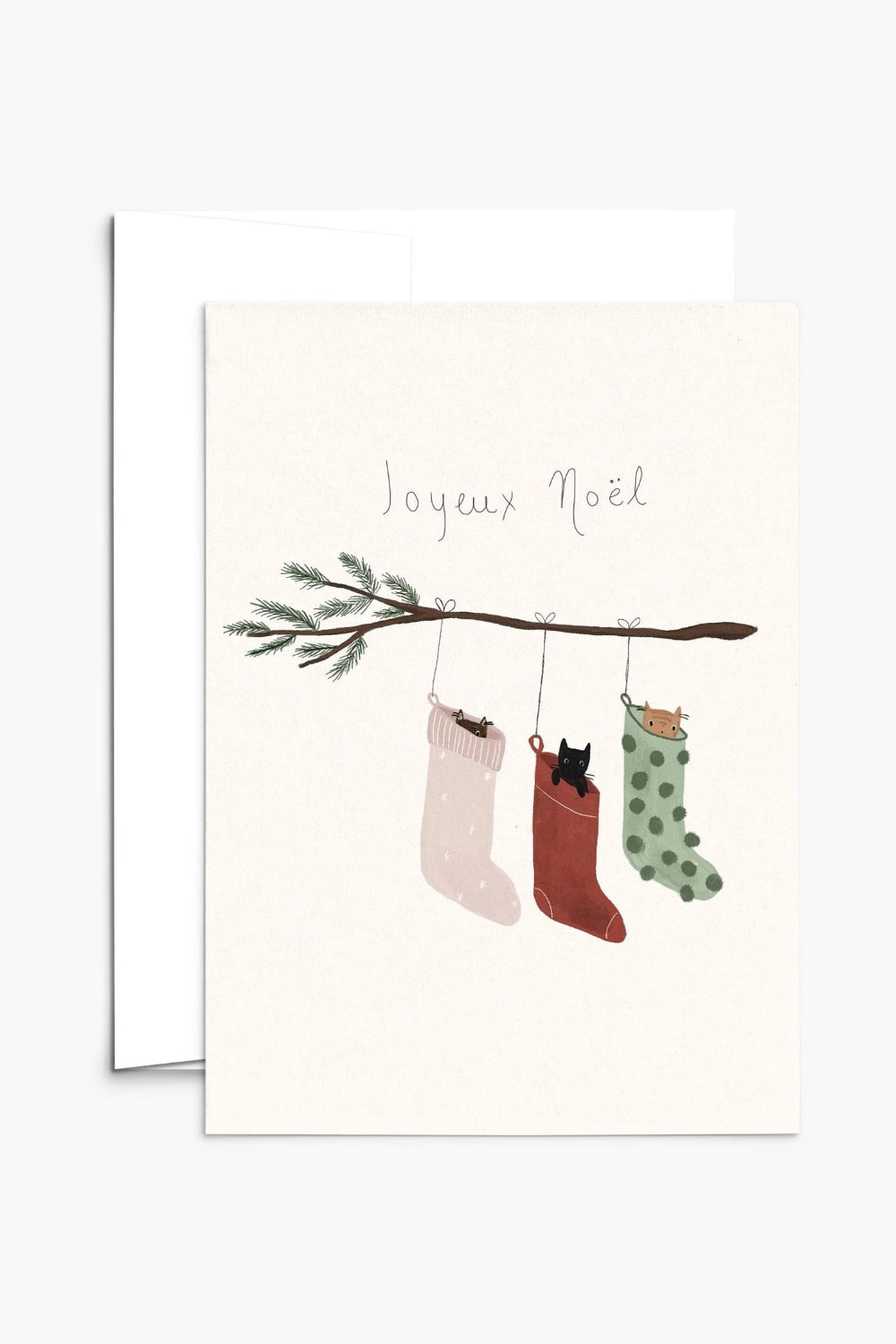 Christmas card from Mimi & August with stockings and a cat, featuring 'Joyeux Noel' text.