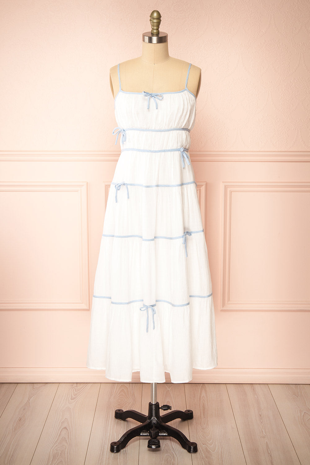 Juliriel White Midi Dress w/ Blue Ribbons | Boutique 1861 front view