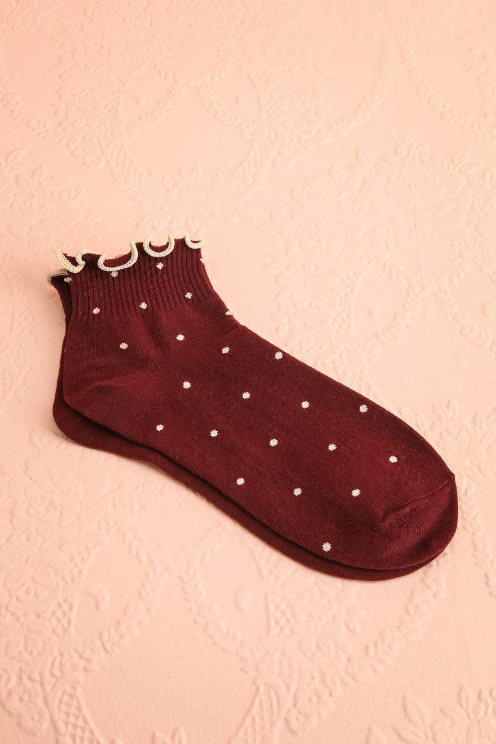 Jupiter Burgundy Dotted Socks with Frills | Boutique 1861 view