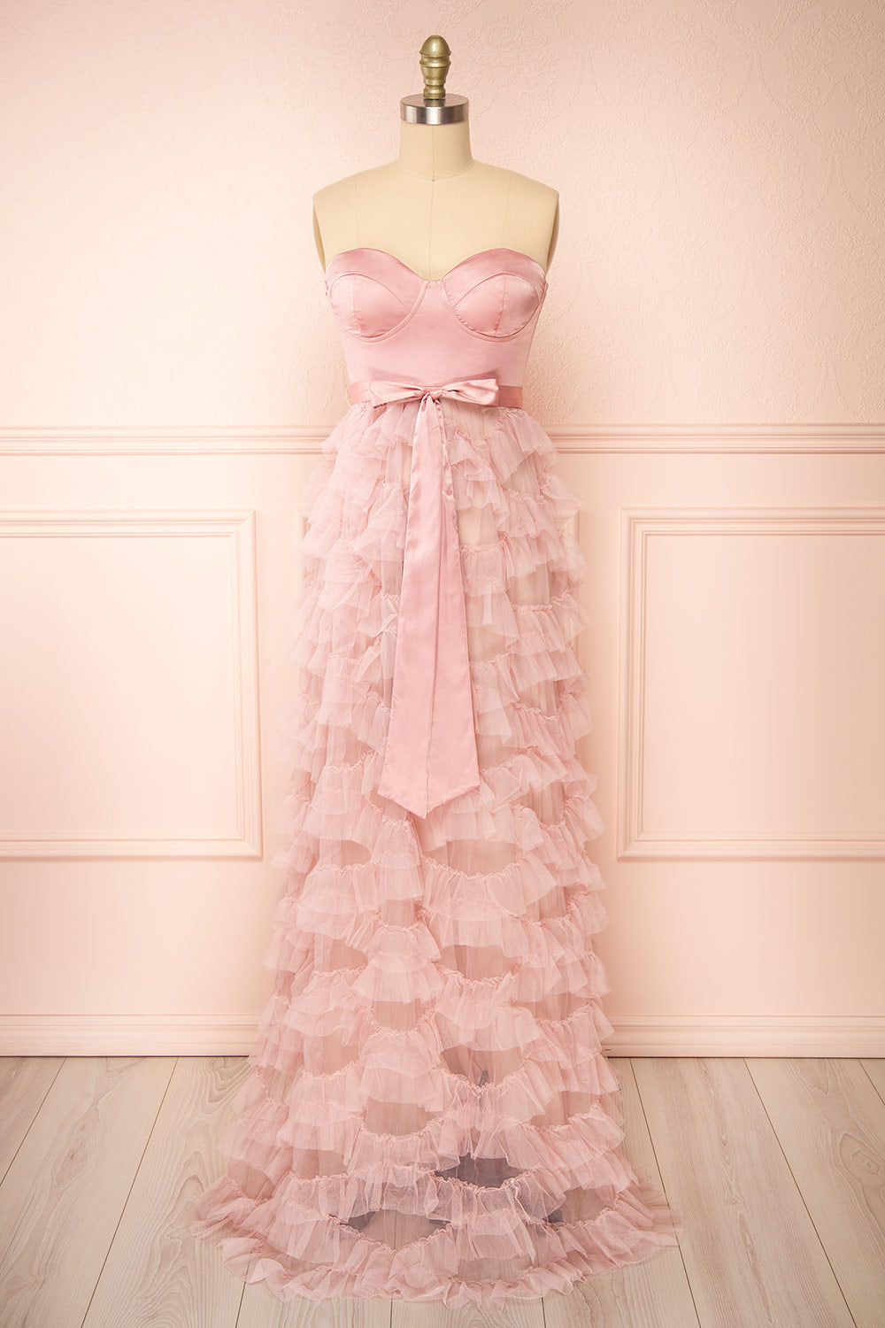 Jurin Blush | Bustier Maxi Dress w/ Ruffled Tulle