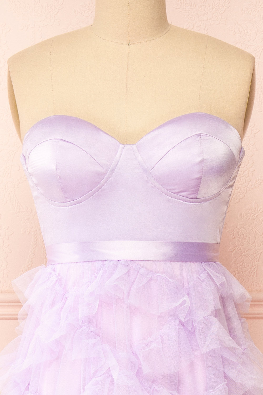 Jurin Lavender Bustier Maxi Dress w/ Ruffled Tulle | Boutique 1861 front close-up