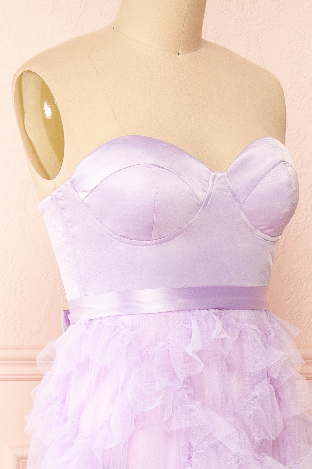 Jurin Lavender Bustier Maxi Dress w/ Ruffled Tulle | Boutique 1861 side close-up