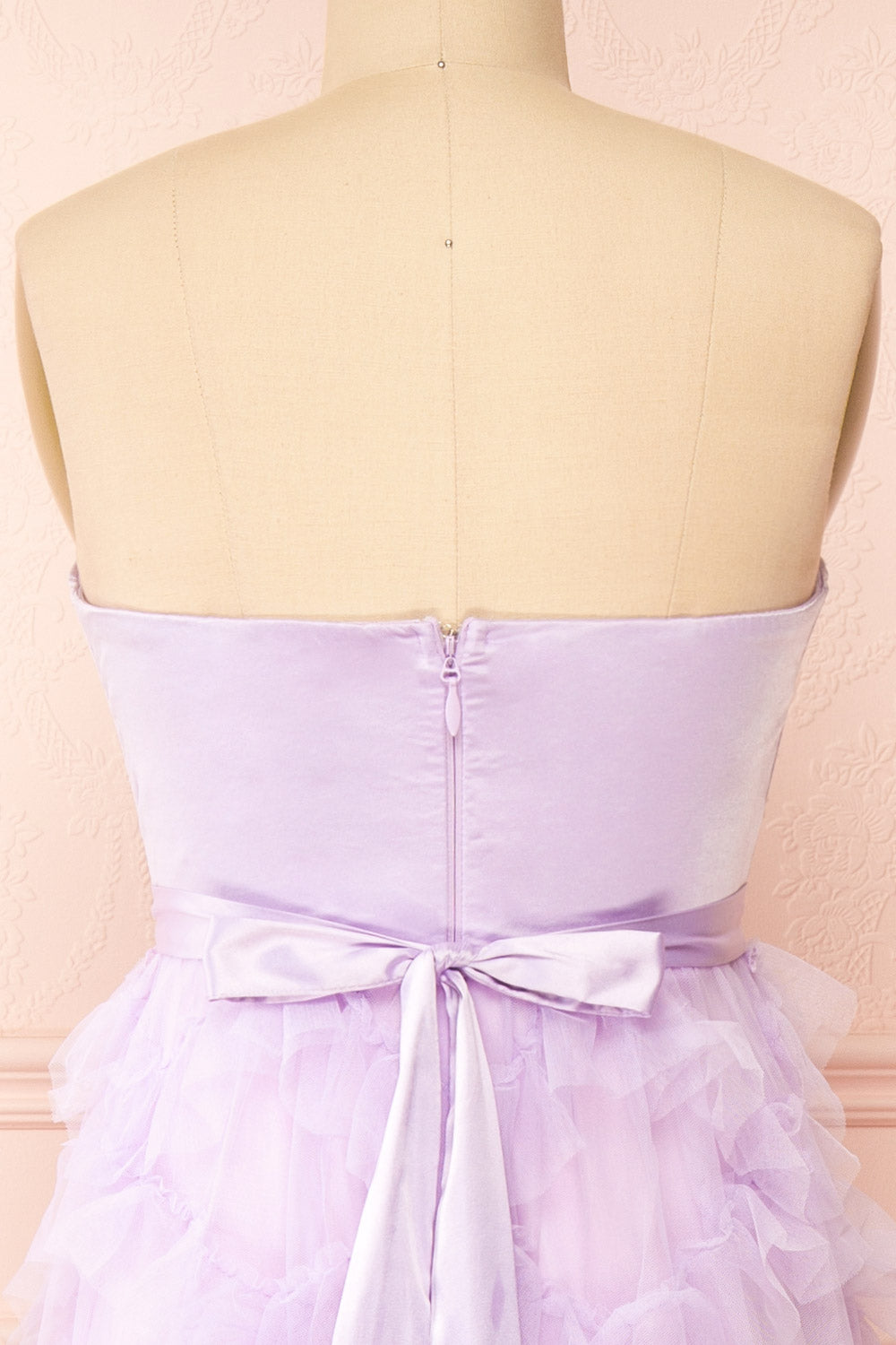 Jurin Lavender Bustier Maxi Dress w/ Ruffled Tulle | Boutique 1861 back close-up