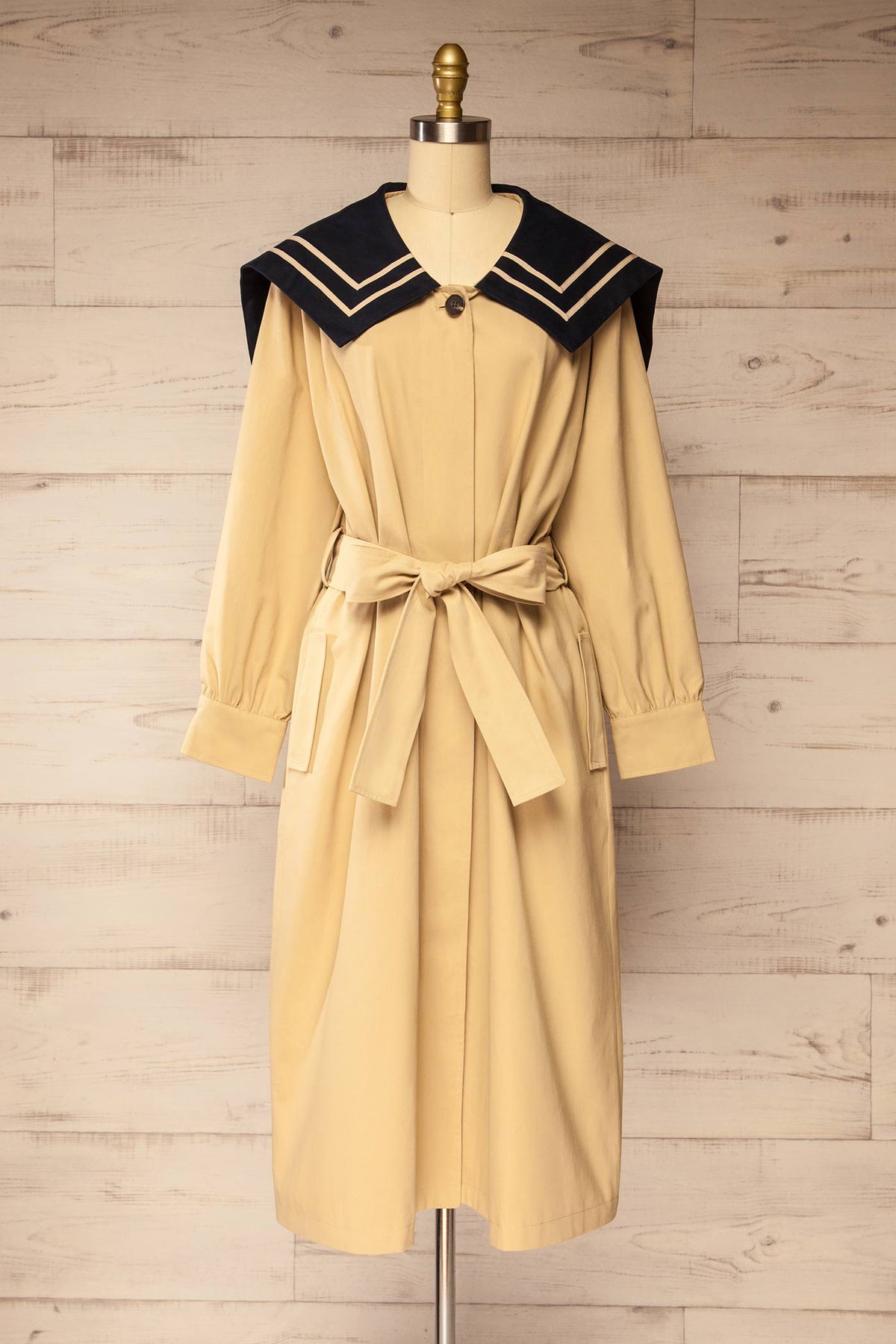 front view of Juruti Beige Sailor Collar Long Trench Coat with Belt at La petite garçonne