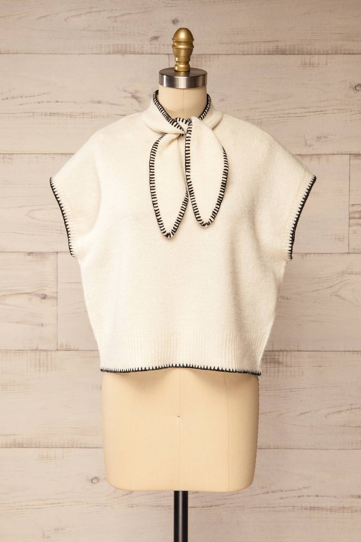 front view of Jutai Ivory Knit Sweater Vest with Tie Scarf at La petite garçonne