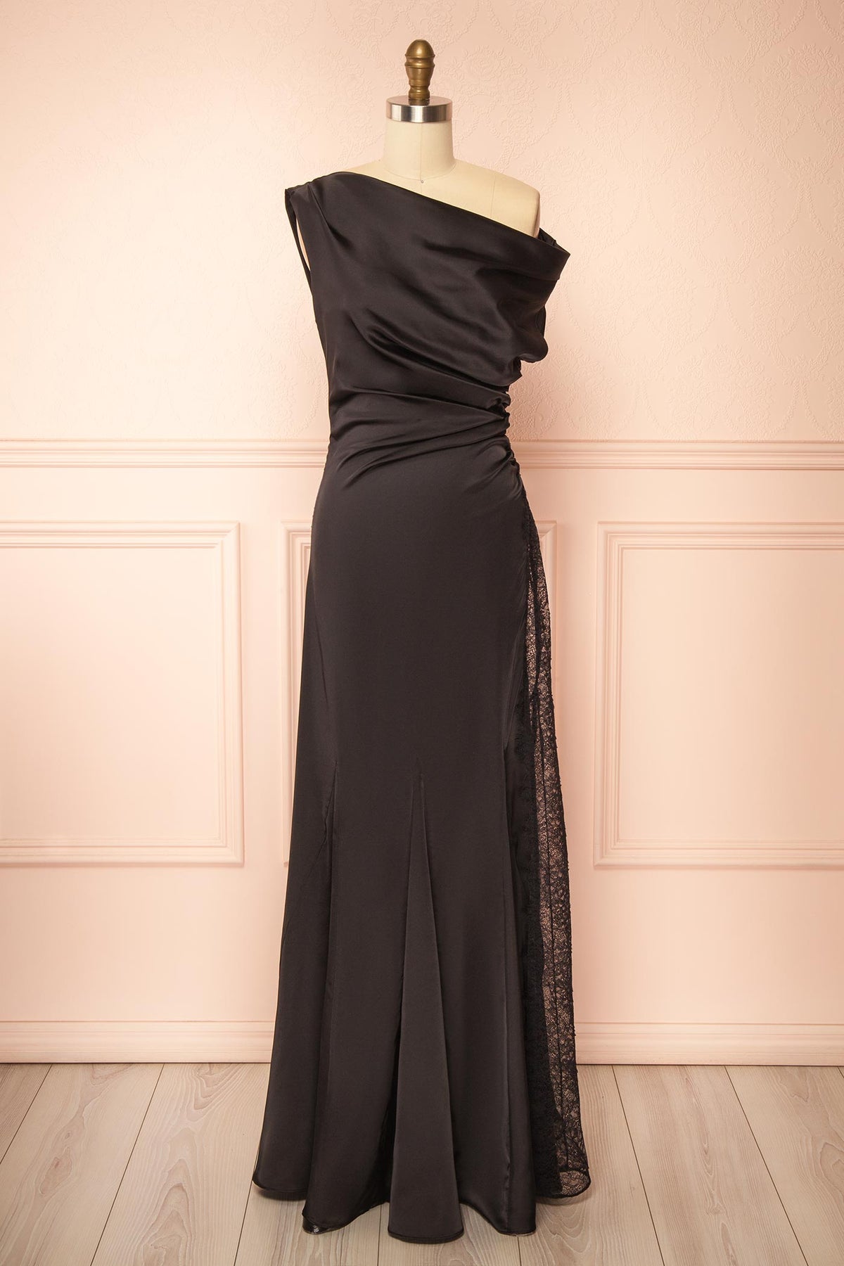 front view of Kaede Black Maxi Satin Dress with High Lace Inset at Boutique 1861