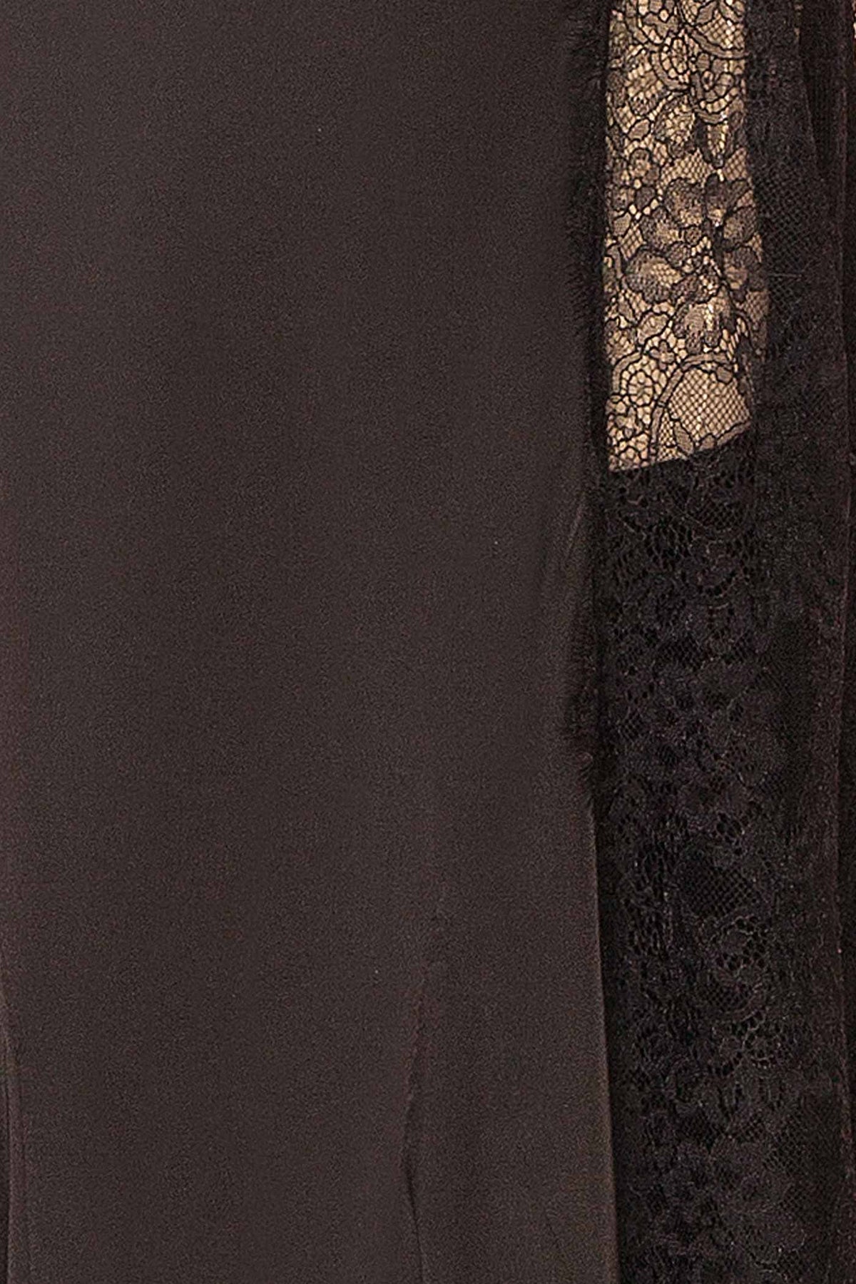 fabric view of Kaede Black Maxi Satin Dress with High Lace Inset at Boutique 1861