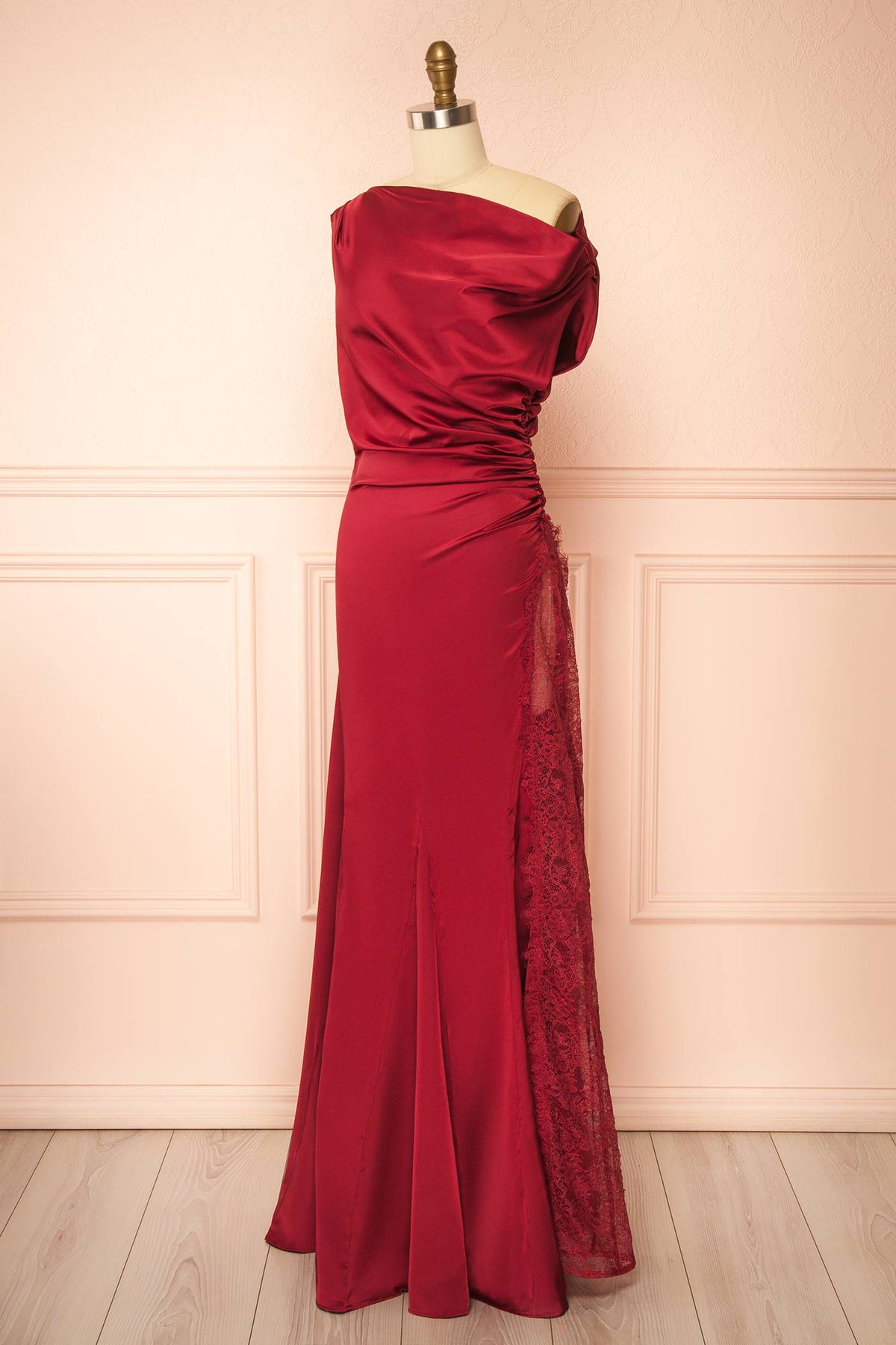 side view of Kaede burgundy Maxi Satin Dress with High Lace Inset at Boutique 1861