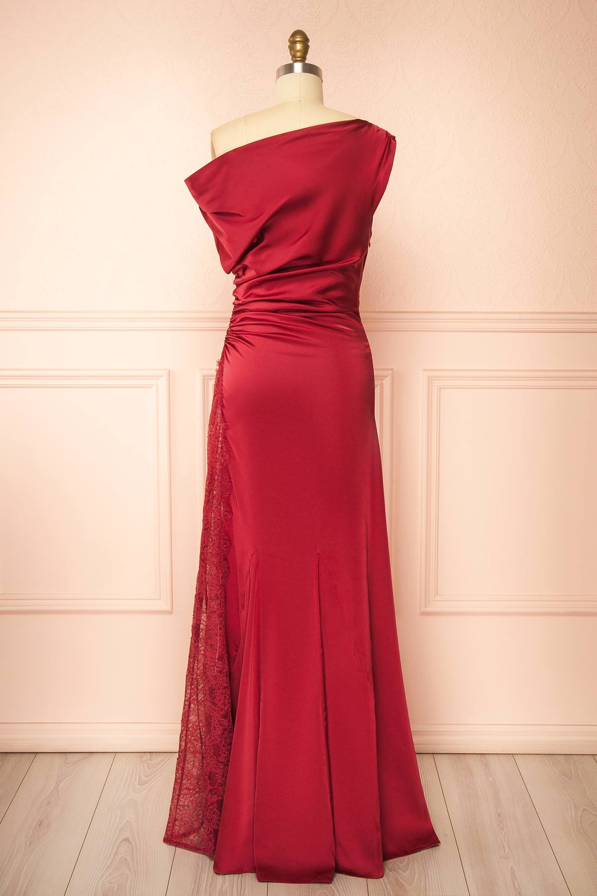 back view of Kaede burgundy Maxi Satin Dress with High Lace Inset at Boutique 1861