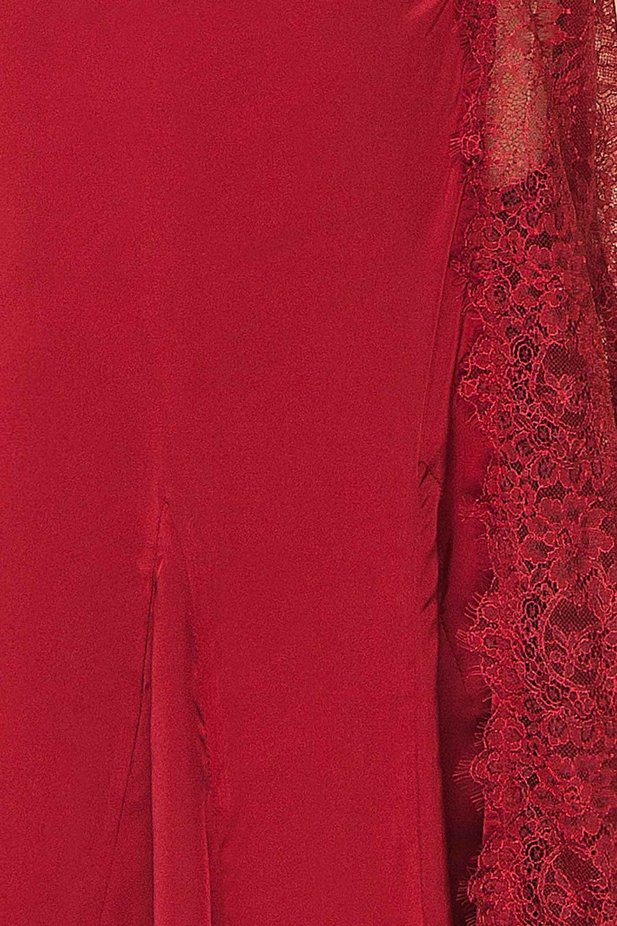 fabric view of Kaede burgundy Maxi Satin Dress with High Lace Inset at Boutique 1861