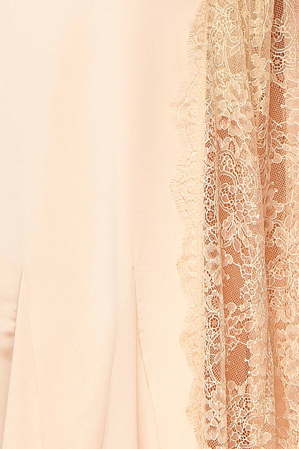 fabric view of Kaede Champagne Maxi Satin Dress with High Lace Inset at Boudoir 1861