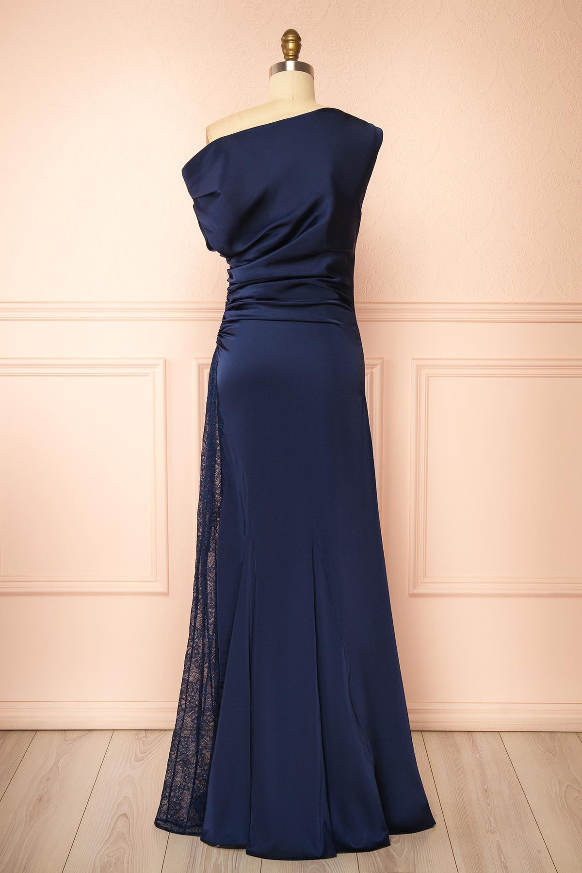 back view of Kaede Navy Maxi Satin Dress with High Lace Inset at Boutique 1861