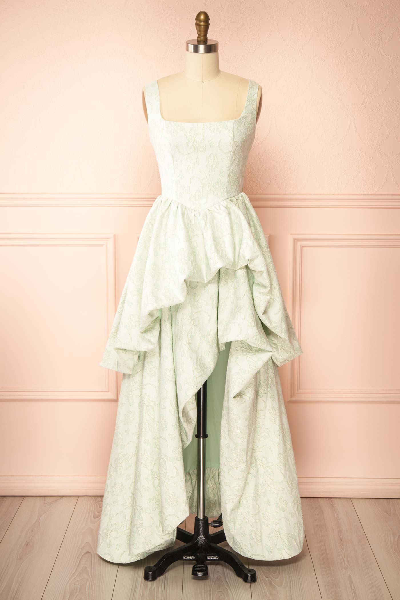 Kaeris | Sage Floral Shimmering Jacquard High-Low Dress