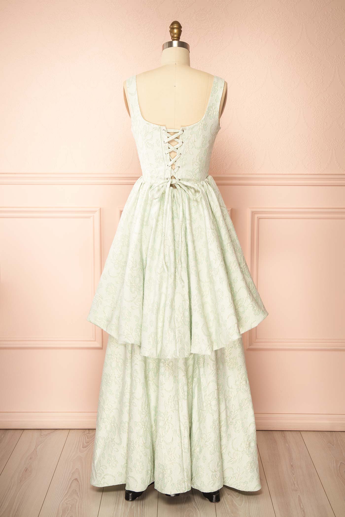Kaeris | Sage Floral Shimmering Jacquard High-Low Dress