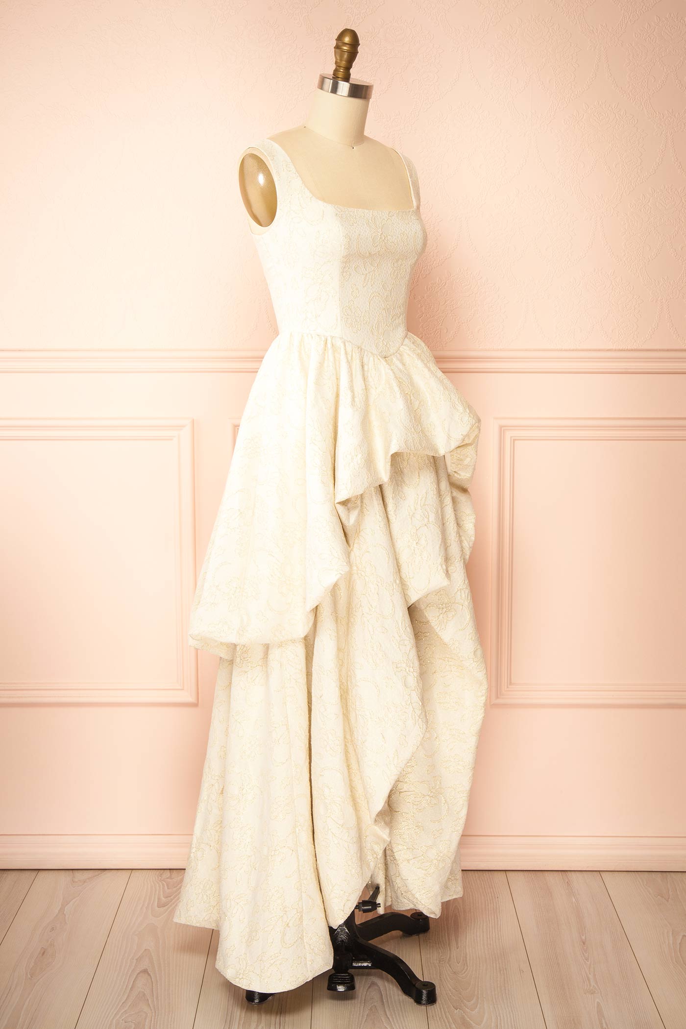 Kaeris Ivory Floral Shimmering Jacquard High-Low Dress | Boutique 1861 side