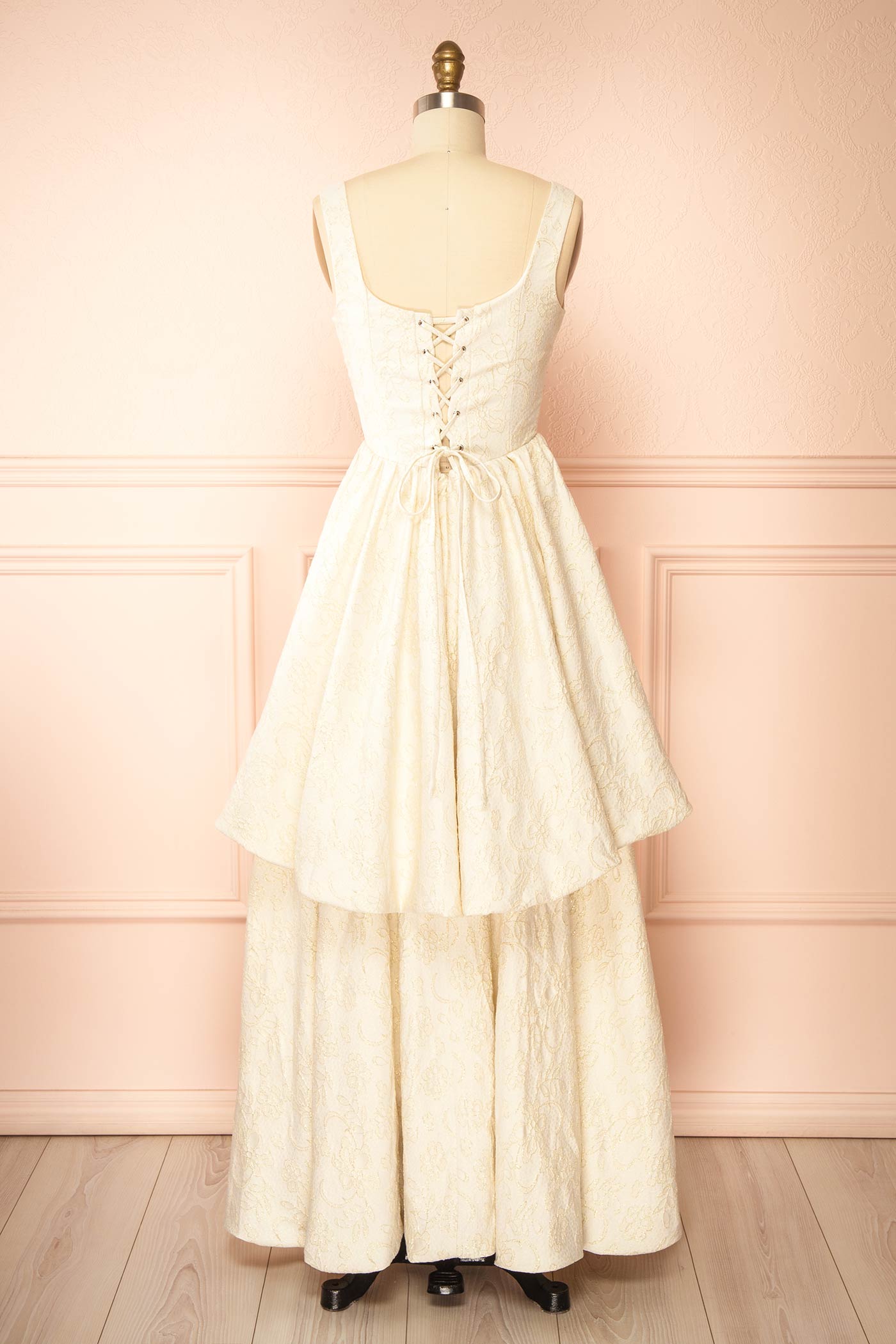 Kaeris Ivory Floral Shimmering Jacquard High-Low Dress | Boutique 1861 back
