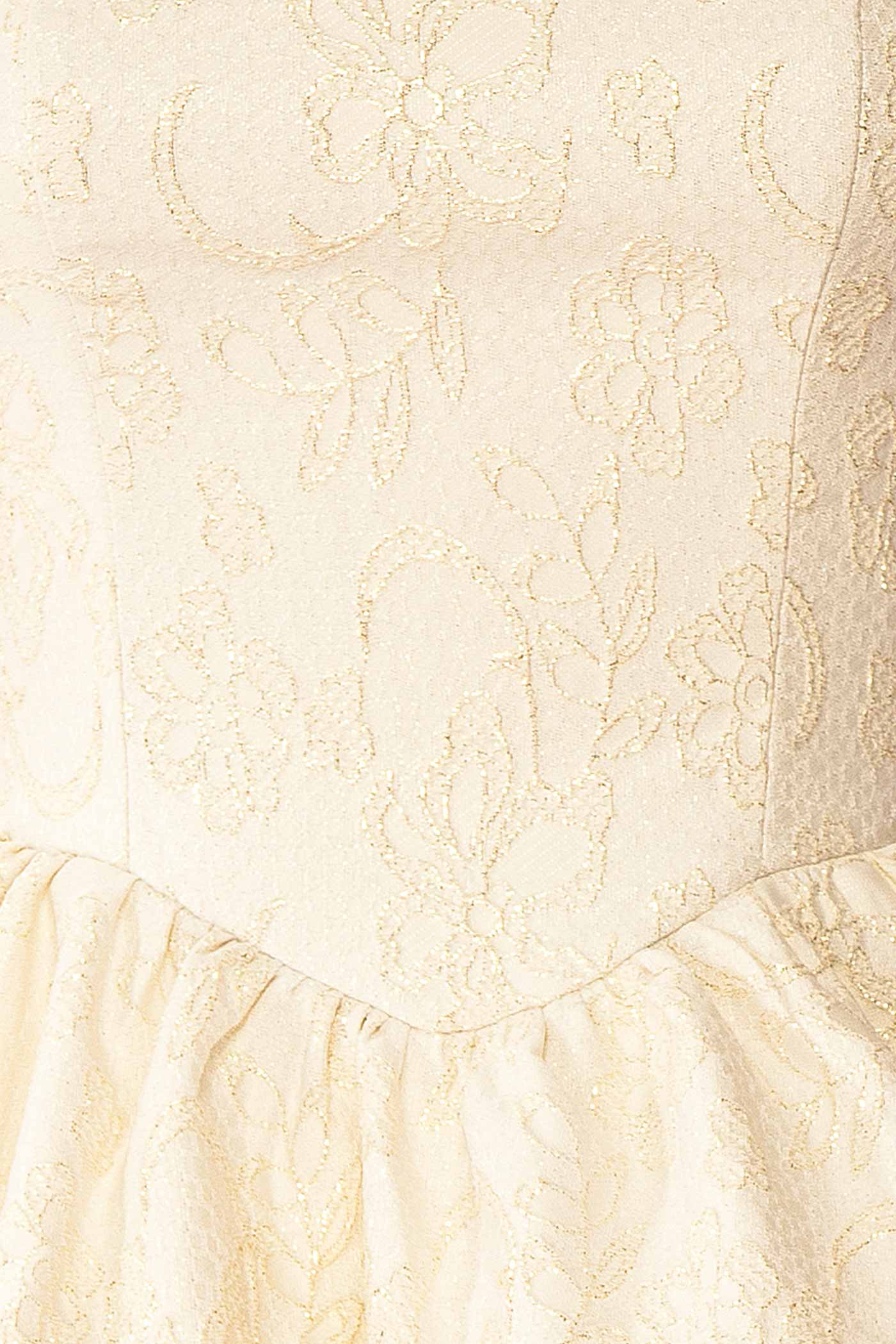 Kaeris Ivory Floral Shimmering Jacquard High-Low Dress | Boutique 1861 fabric