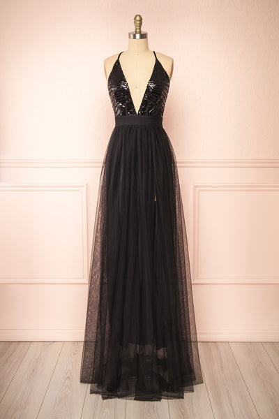 Kaia Night Black Sequin & Plunging Neckline Gown | Boutique 1861 front view