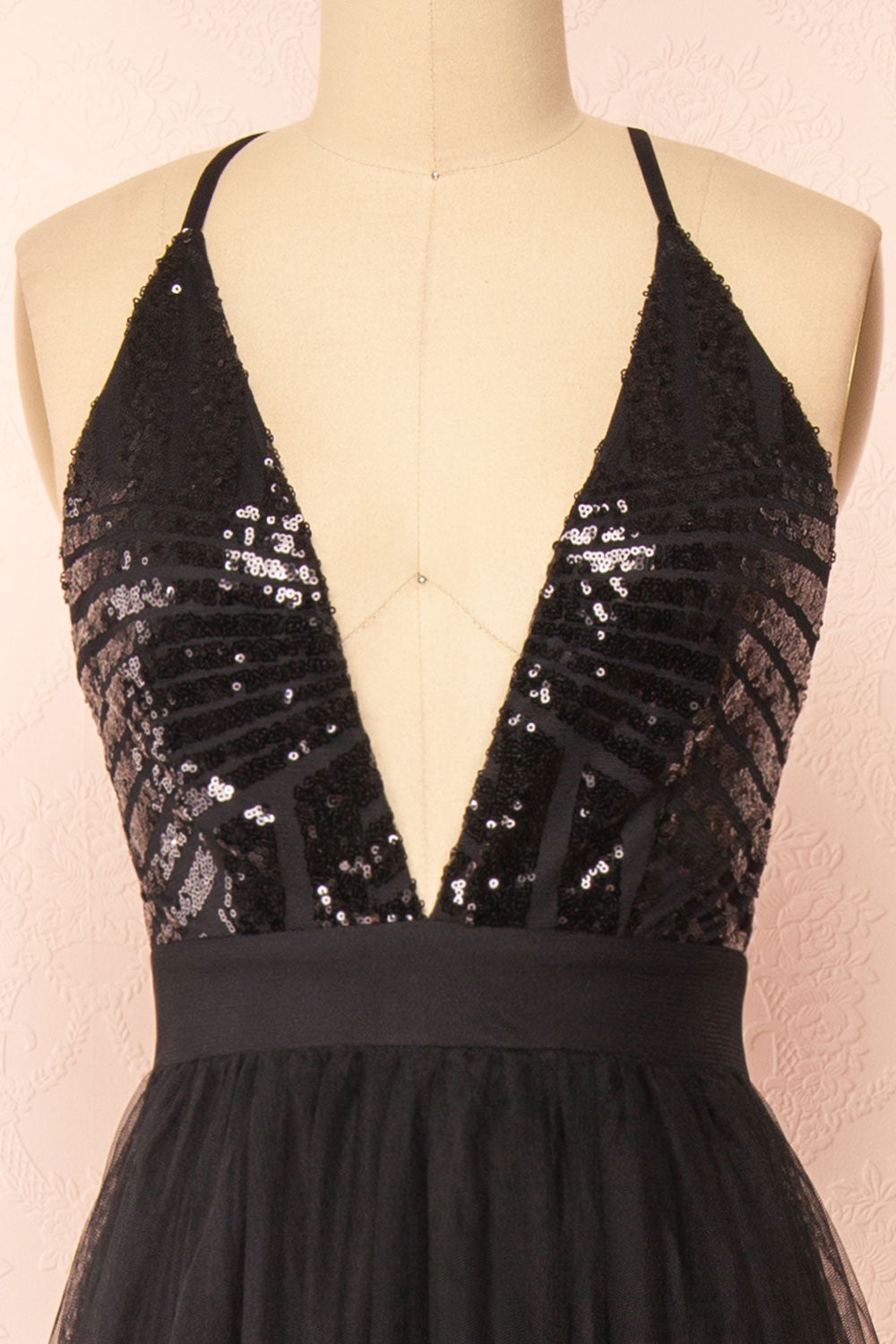 Kaia Night Black Sequin & Plunging Neckline Gown | Boutique 1861 front
