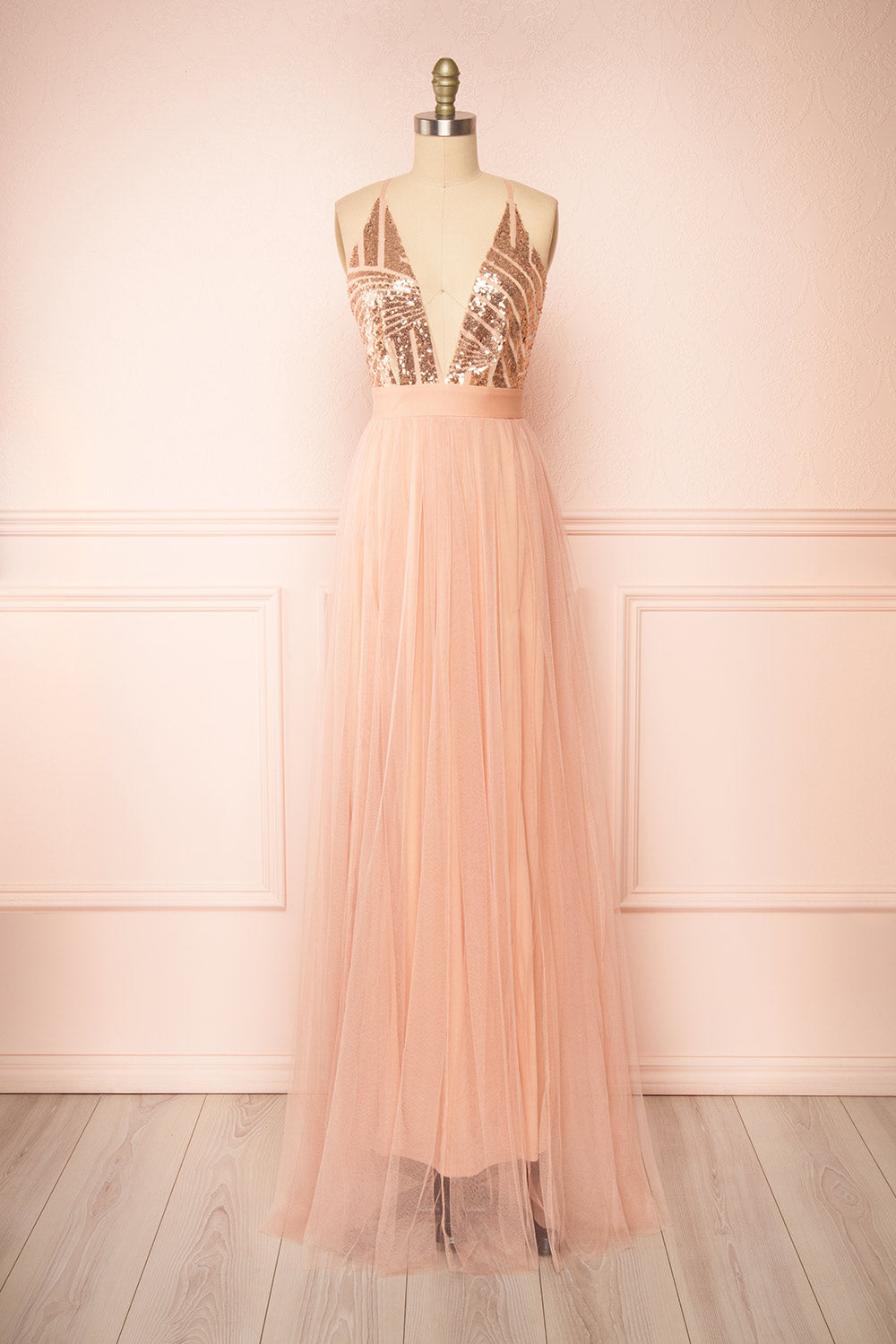 slim fit dress slacks Kaia Pink Dusty Pink Sequin Gown