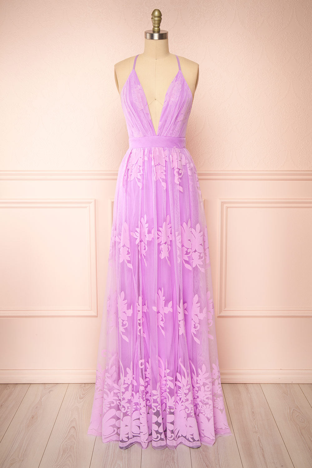 Kailania Lavender Plunging Neckline Maxi Gown | Boutique 1861 front view