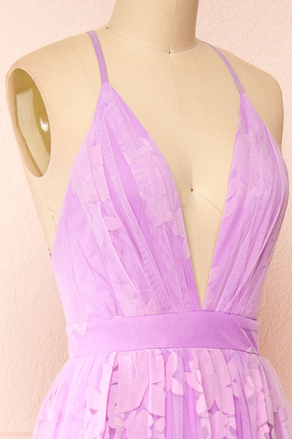 Kailania Lavender Plunging Neckline Maxi Gown | Boutique 1861 side close-up