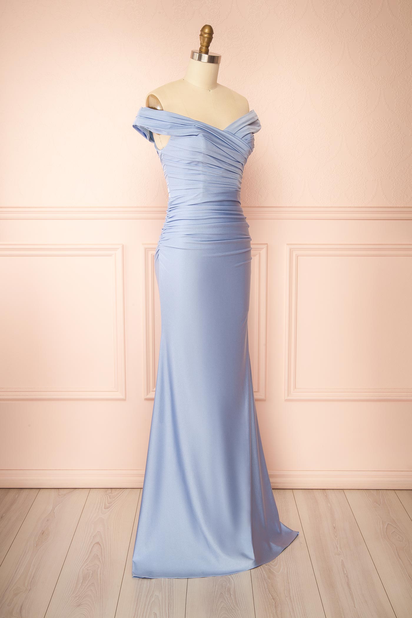 Kailey Light Blue | Satin Off Shoulder Maxi Dress
