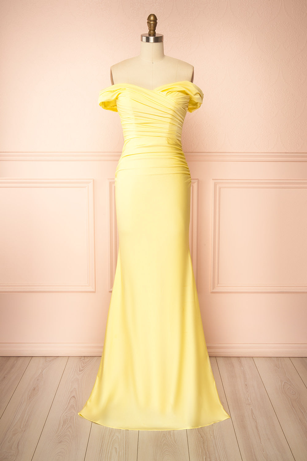 Kailey Light Yellow Satin Off Shoulder Maxi Dress | Boutique 1861 front view