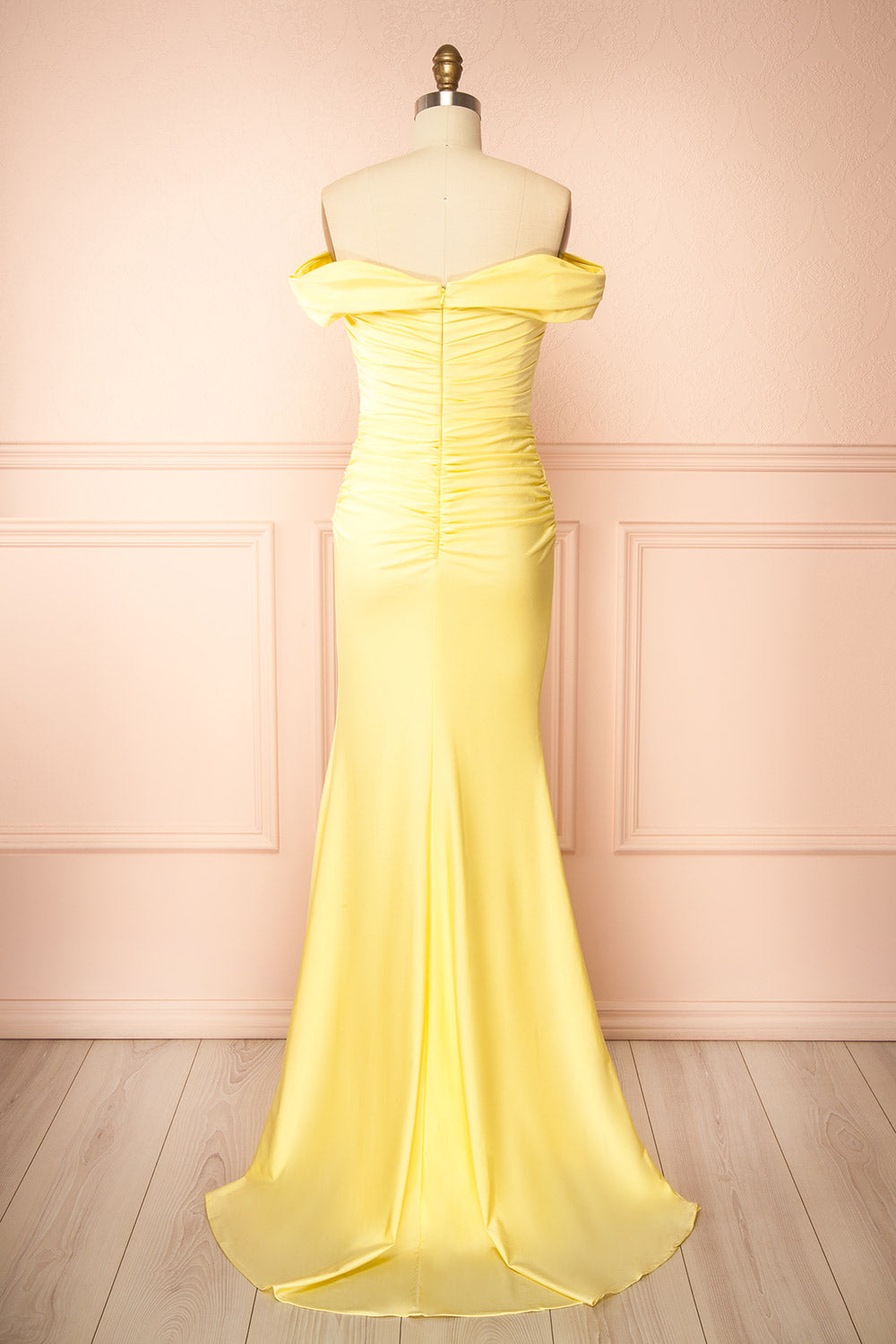 Kailey Light Yellow Satin Off Shoulder Maxi Dress | Boutique 1861 back view