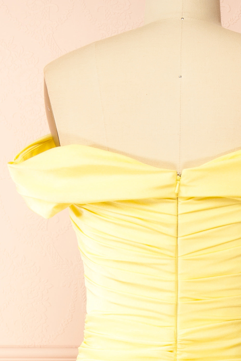 Kailey Light Yellow Satin Off Shoulder Maxi Dress | Boutique 1861 back