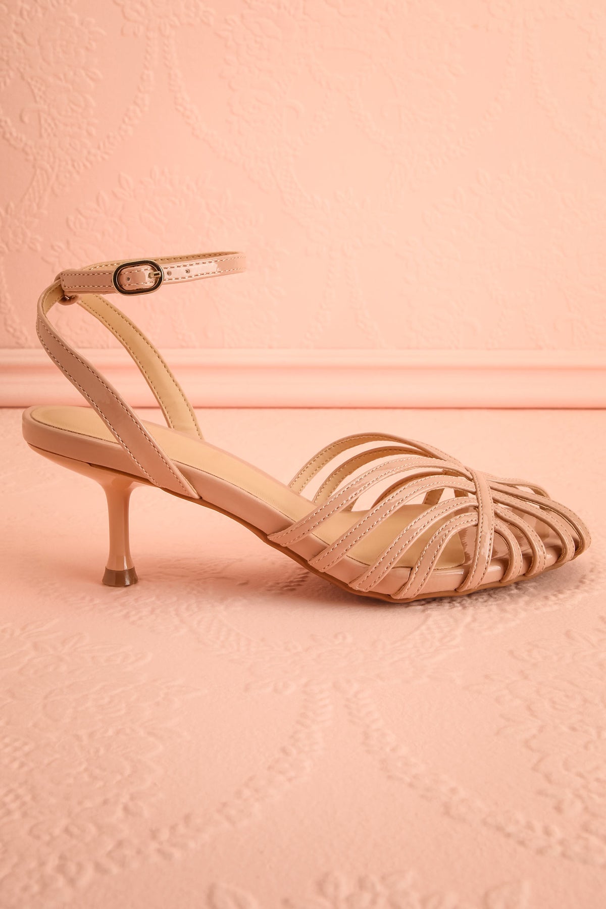 side view of Kaisarion Beige High-Heel Sandals at Boutique 1861