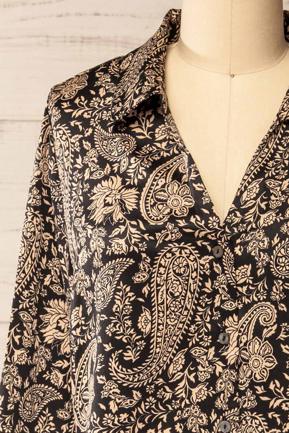 front of sewing mannequin wearing Kalyan Cropped Paisley Print Shirt from La petite garçonne
