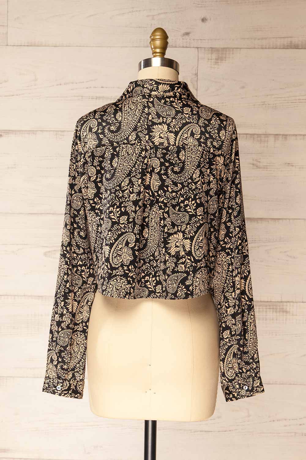 back viewof sewing mannequin wearing Kalyan Cropped Paisley Print Shirt from La petite garçonne