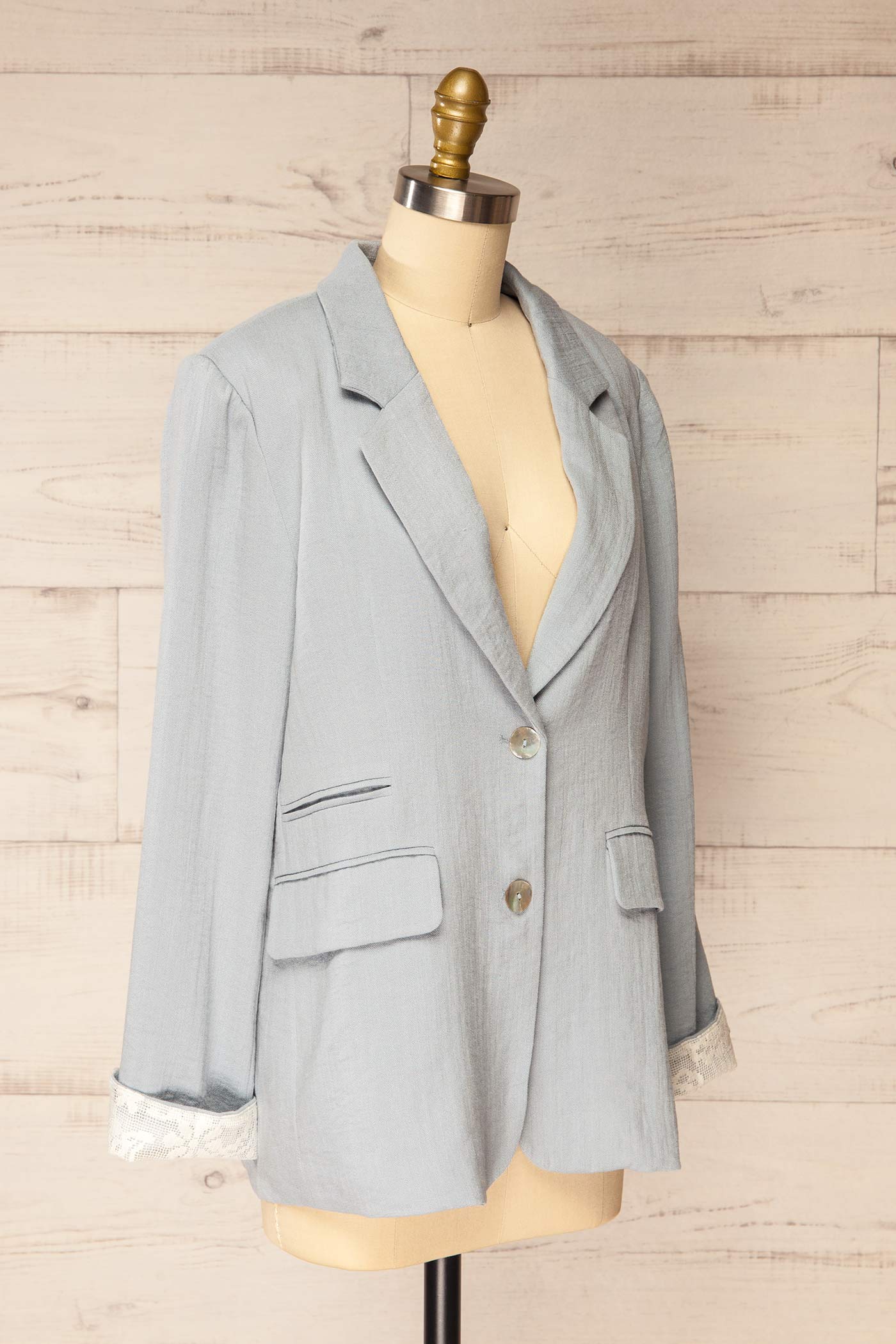 Profile view Kandla Oversized Light Blue Blazer with Lace Cuff Detail at la petite garçonne